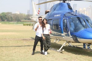 Tiger Shroff And Disha Patani Arrive In Chopper At Mahalaxmi Racecourse