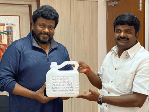 Parthiban gifts sanitizer to health minister Vijaya Baskar instead of Bouquet