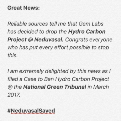Vishal shares news of Gem Labs dropping Hydro Carbon Project at Neduvasal